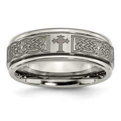 Chisel Titanium Brushed and Polished Cross Laser Design 8mm Ridged Edge Band