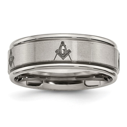 Chisel Titanium Brushed and Polished Masonic Laser Design 8mm Ridged Edge Band