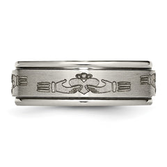 Chisel Titanium Brushed and Polished Claddagh Laser Design 8mm Ridged Edge Band