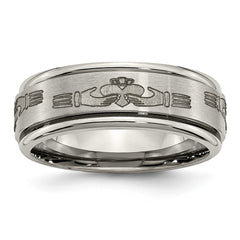 Chisel Titanium Brushed and Polished Claddagh Laser Design 8mm Ridged Edge Band