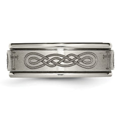 Chisel Titanium Brushed and Polished Cross Laser Design 8mm Ridged Edge Band
