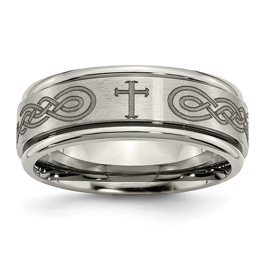 Chisel Titanium Brushed and Polished Cross Laser Design 8mm Ridged Edge Band