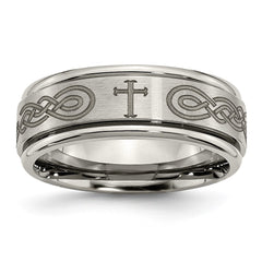 Chisel Titanium Brushed and Polished Cross Laser Design 8mm Ridged Edge Band