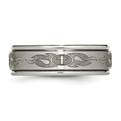 Chisel Titanium Brushed and Polished Cross Laser Design 8mm Ridged Edge Band
