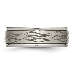Chisel Titanium Brushed and Polished Flame Laser Design 8mm Ridged Edge Band