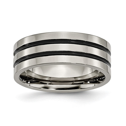 Chisel Titanium Polished Black Enamel Grooved 8mm Flat Band