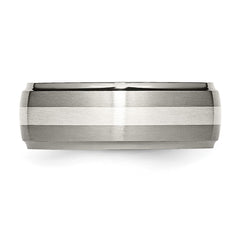 Chisel Titanium Brushed and Polished with Sterling Silver Inlay 8mm Ridged Edge Band