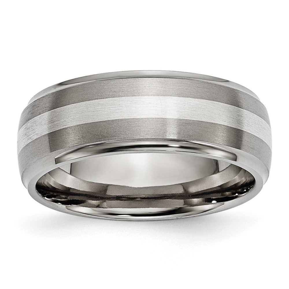 Chisel Titanium Brushed and Polished with Sterling Silver Inlay 8mm Ridged Edge Band