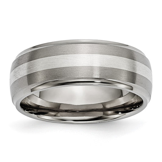 Chisel Titanium Brushed and Polished with Sterling Silver Inlay 8mm Ridged Edge Band
