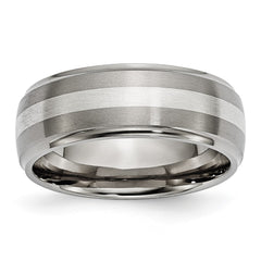 Chisel Titanium Brushed and Polished with Sterling Silver Inlay 8mm Ridged Edge Band