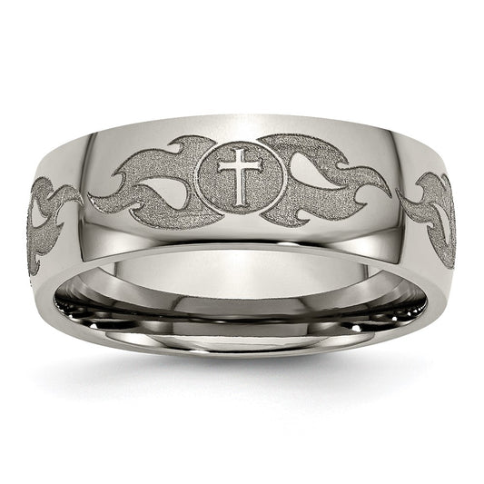Chisel Titanium Polished Cross with Flames Laser Design 8mm Band