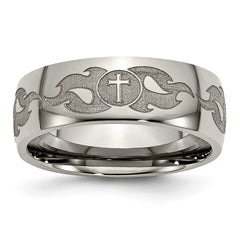Chisel Titanium Polished Cross with Flames Laser Design 8mm Band