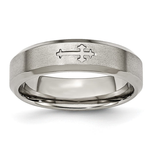Chisel Titanium Brushed Center Cross Design 6mm Beveled Edge Band