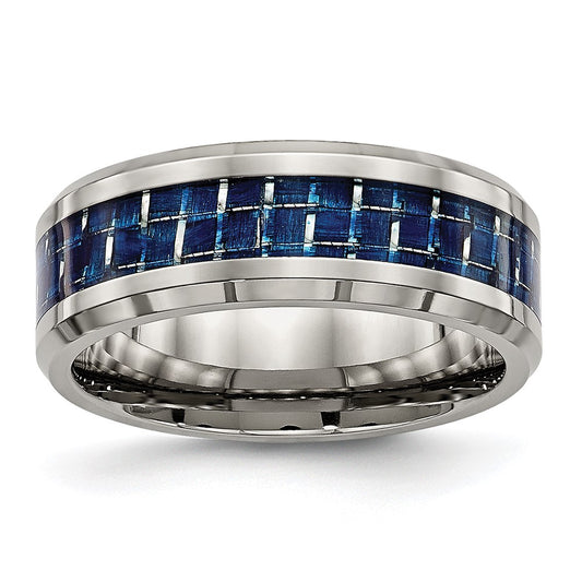 Chisel Titanium Polished with Blue Carbon Fiber Inlay 8mm Beveled Edge Band