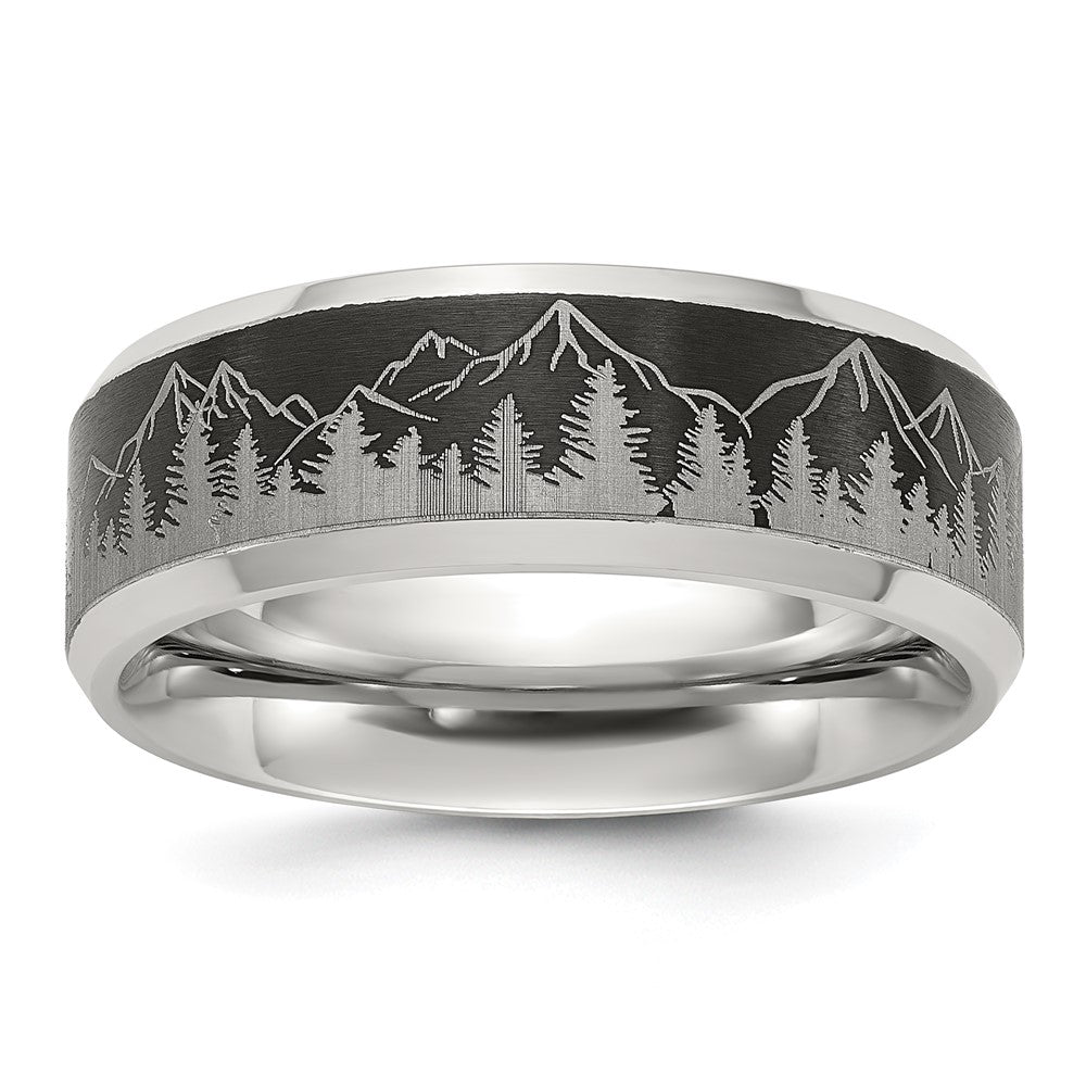 Chisel Titanium with Brushed Center Laser Design Mountains 8mm Band