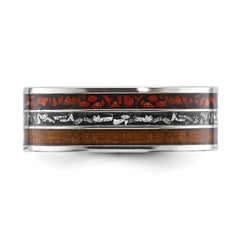 Chisel Titanium Polished with Wood, Imitation Meteorite and Red Stone Inlay 8mm Band