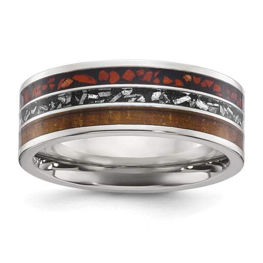 Chisel Titanium Polished with Wood, Imitation Meteorite and Red Stone Inlay 8mm Band