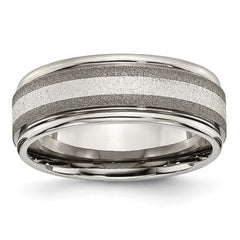Chisel Titanium Polished with Sterling Silver Inlay Stone Finish Center Grooved Band