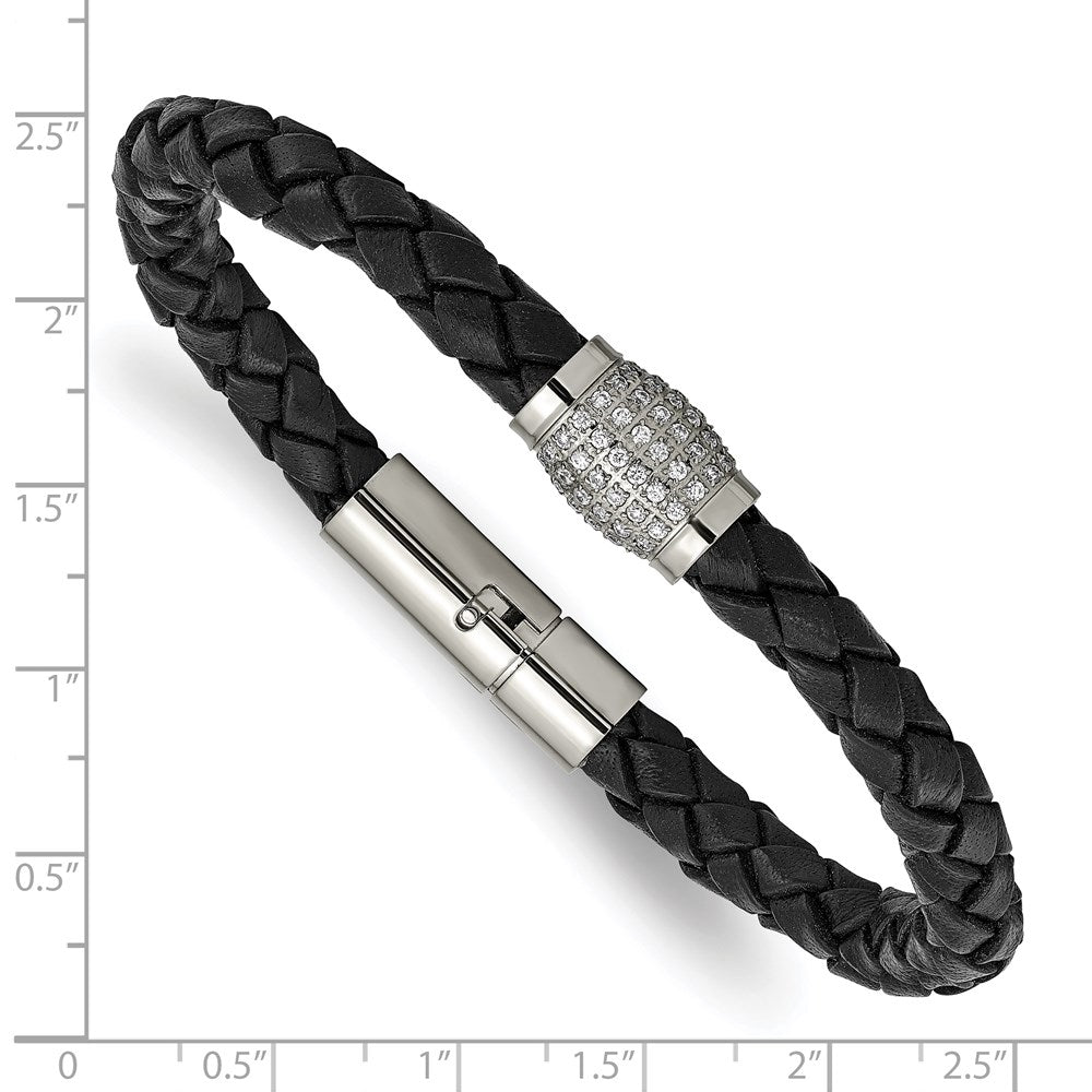 Chisel Titanium Polished with CZ Black Leather Bracelet TBB154