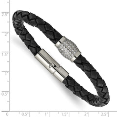 Chisel Titanium Polished with CZ Black Leather Bracelet TBB154