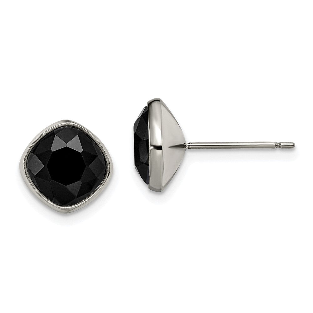 TBE112 Chisel Titanium Polished Faceted Black Crystal Post Earrings