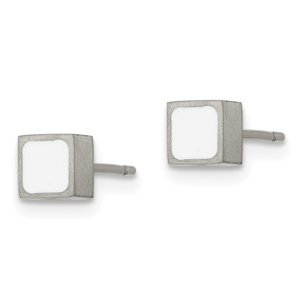 TBE114 Chisel Titanium Brushed with White Enamel Square Post Earrings