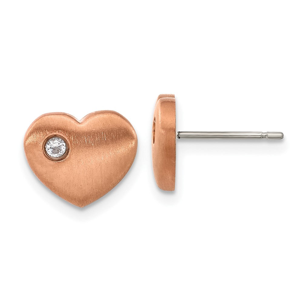 TBE131 Chisel Titanium Brushed Rose IP-plated with CZ Heart Post Earrings