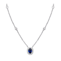 Oval Shape Gemstone & Halo Diamond Station Necklace