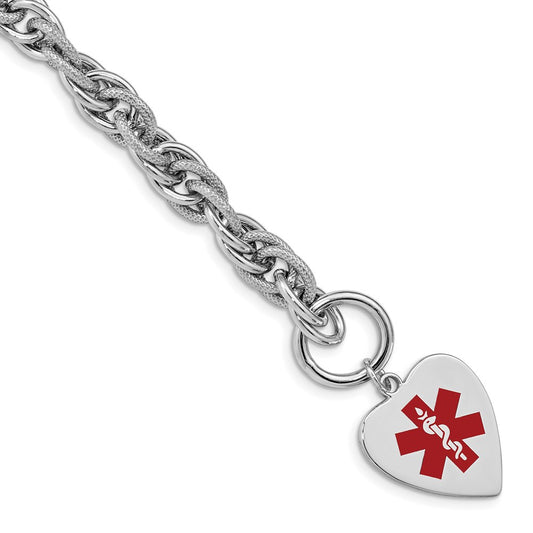 Sterling Silver Rhodium Engraveable Enamel Heart Medical ID Bracelet XSM100
