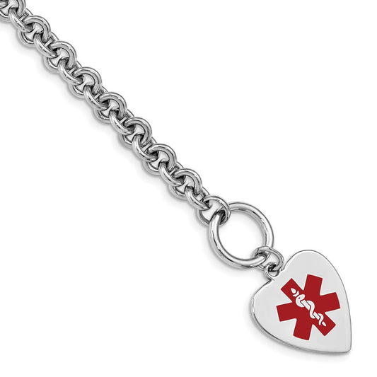 Sterling Silver RH-pltd Engraveable Enamel Heart Medical ID Bracelet XSM93