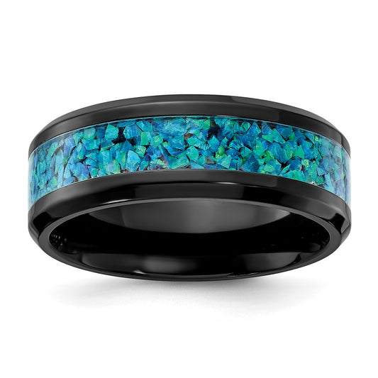 Chisel Black Zirconium Polished with Blue Imitation Opal Inlay 8.00mm Band