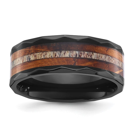 Chisel Black Zirconium Polished Faceted with Wood and Deer Antler Inlay 8mm Band