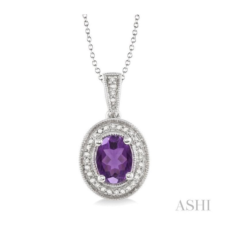 ASHI Silver Oval Shape Gemstone & Halo Diamond Pendant 88128PPSSAMSLPD