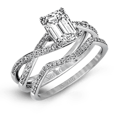 Emerald-cut Criss-cross Engagement Ring & Matching Wedding Band in 18k Gold with Diamonds MR1394-EM WHITE 18K SET