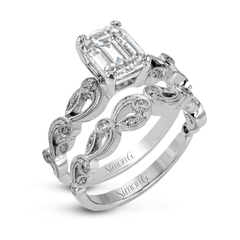 Emerald-cut Trellis Engagement Ring & Matching Wedding Band in 18k Gold with Diamonds TR473-EM WHITE 18K SET