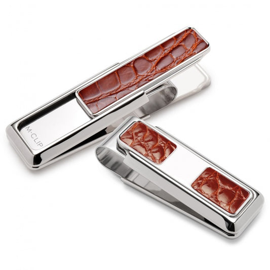 MClip Monterey Rhodium Cognac Alligator 2 Pocket Money Clip MO-PRP-CGAL-2P