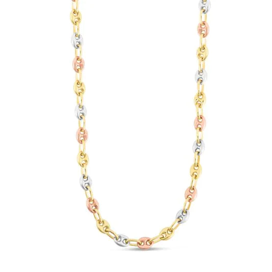 Tri-color Gold Polished Lite Puffed Mariner Necklace