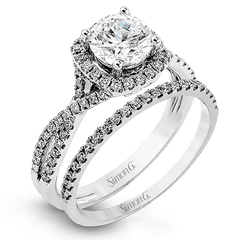 Round-cut Halo Engagement Ring & Matching Wedding Band in 18k Gold with Diamonds NR468 WHITE 18K SET