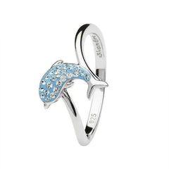 Sterling silver dolphin ring with light blue and white crystals