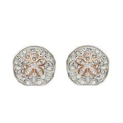 Sterling silver sand dollar stud earrings with rose gold plated center and white crystals