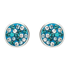 Sterling silver round stud earrings with light blue and white crystals