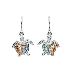 Sterling silver turtle earrings with blue crystals and rose gold plated baby turtle