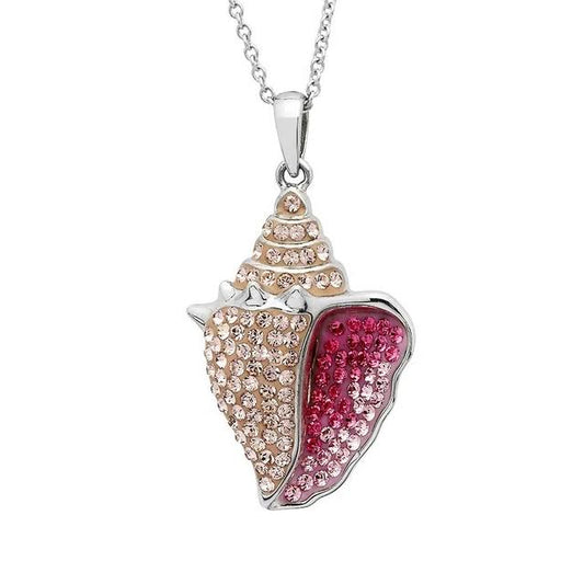 Sterling silver conch shell necklace with tan and pink crystals