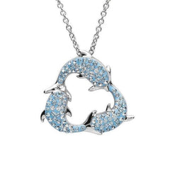 Sterling silver tri dolphin necklace with light blue crystals