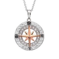 Sterling silver compass necklace with rose gold plated center and white crystal boarder