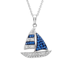 Sterling silver sail boat necklace with blue and white crystal