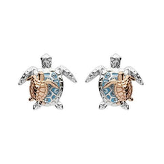 Sterling silver turtle stud earrings with light blue crystals and rose gold plated baby turtle