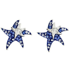 Sterling silver starfish stud earrings with dark blue and white crystals