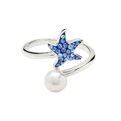 Sterling silver starfish ring with blue crystals and pearl