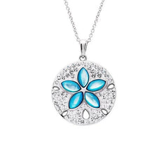 Sterling silver sand dollar necklace with blue mother of pearl center and white crystals